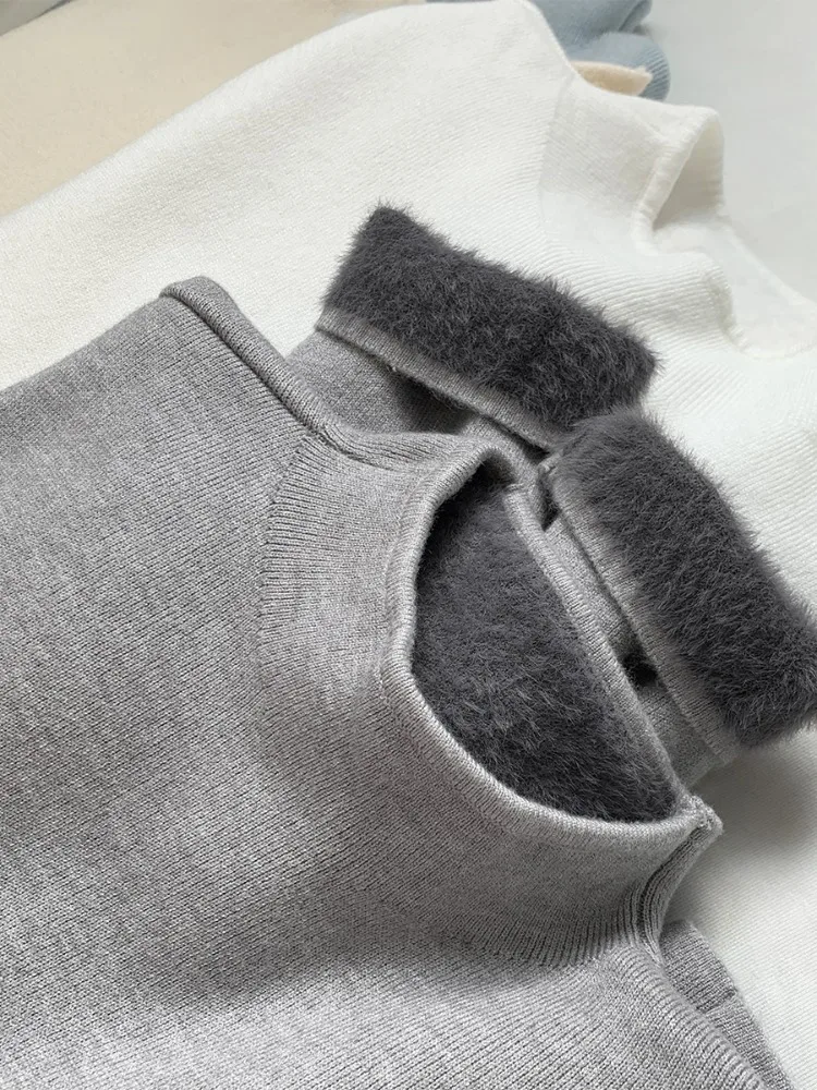 

Half High Neck Thickened Fleece T-shirts Women's Autumn Winter Inner Layer One-piece Mink Knitted Basic Tops Pure Color Pullover