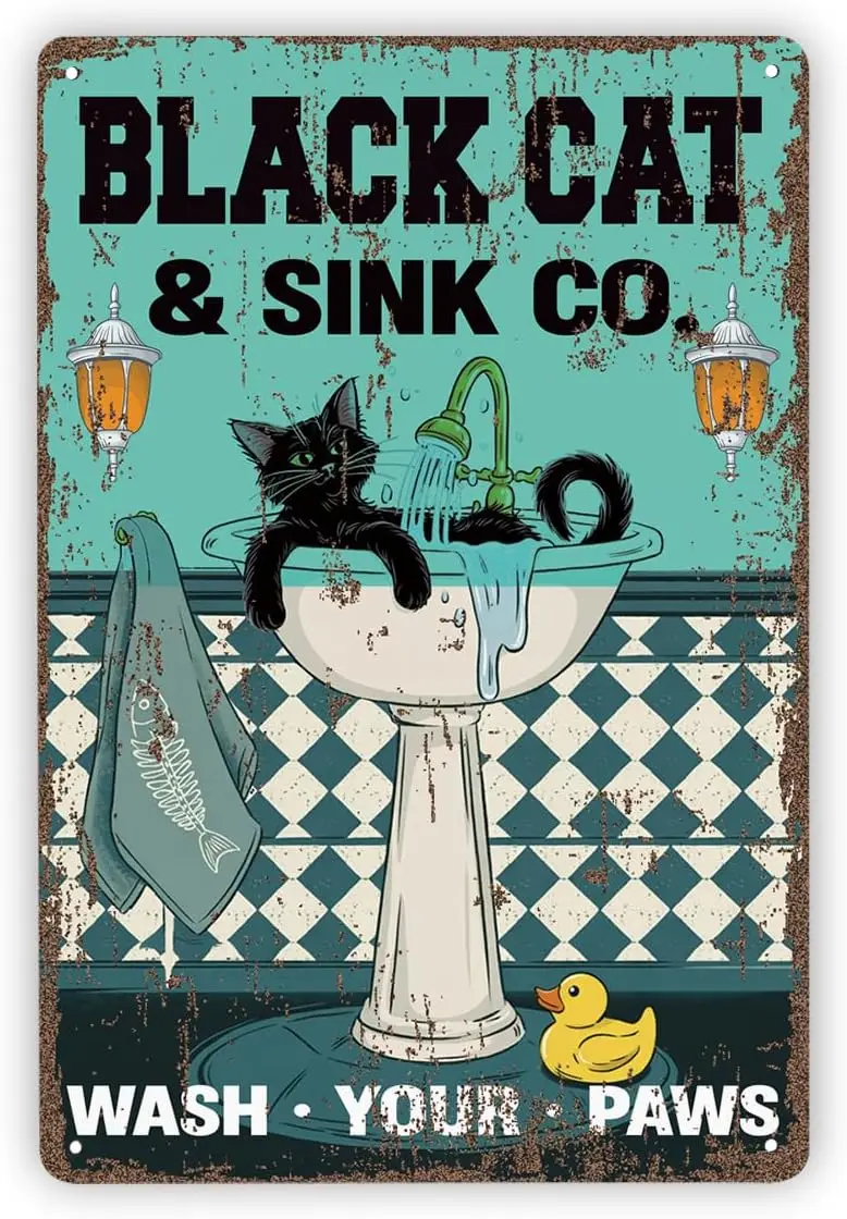 Funny Vintage Metal Tin Signs, Vintage Rustic Bathroom Sign, Cat Wash Your Paws, Funny Restroom Decor, Bathroom Wall Art, Animal
