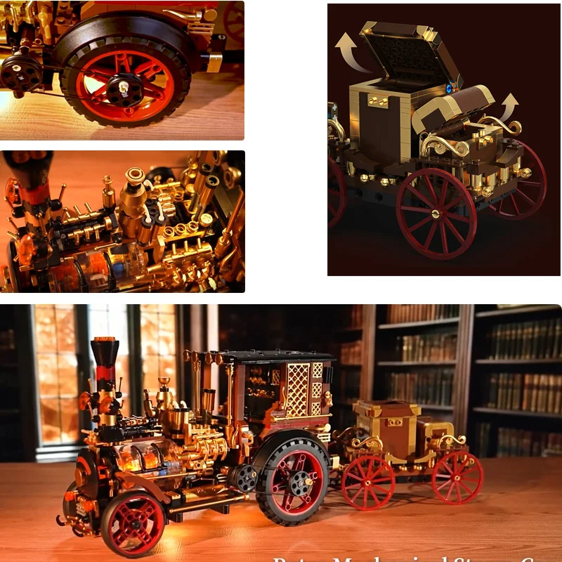 

MOC Mechanical Steam Car Model Building Blocks Kit With Lights Retro 1331pcs Assembled Collectible Toys Small Bricks Adult Gifts