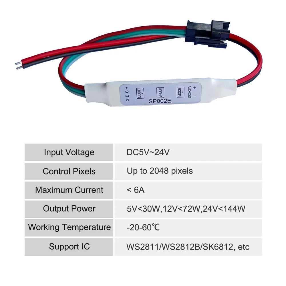 SP002E Mini Controller LED a 3 tasti DC5-24V per RGBIC WS2812B WS2811 UCS1903 SK6812 Pixel indirizzabili Luci di striscia LED 2048 Pixel