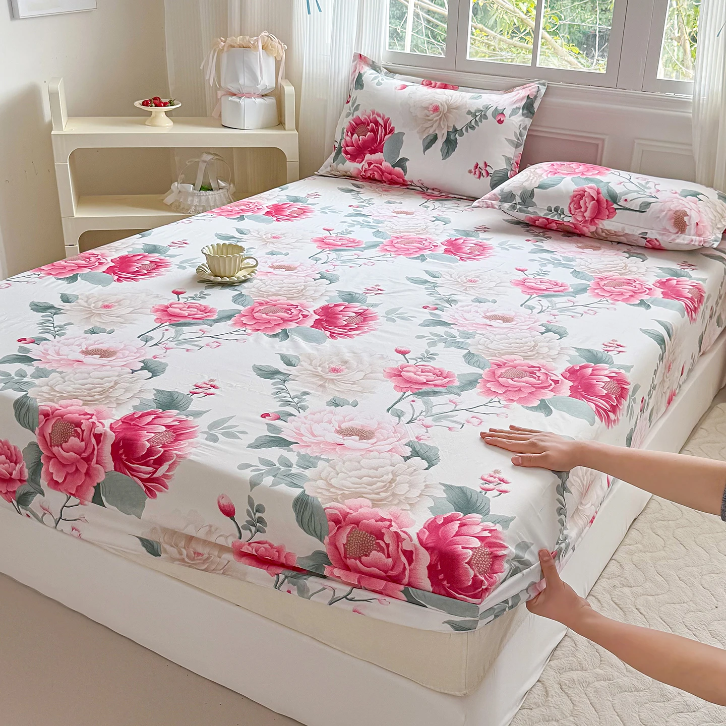 Sábana Ajustable con Estampado Floral y Elástico, Individual/Doble/Queen/King, Sábana para Cama, Agradable al Tacto, Ropa de Cama