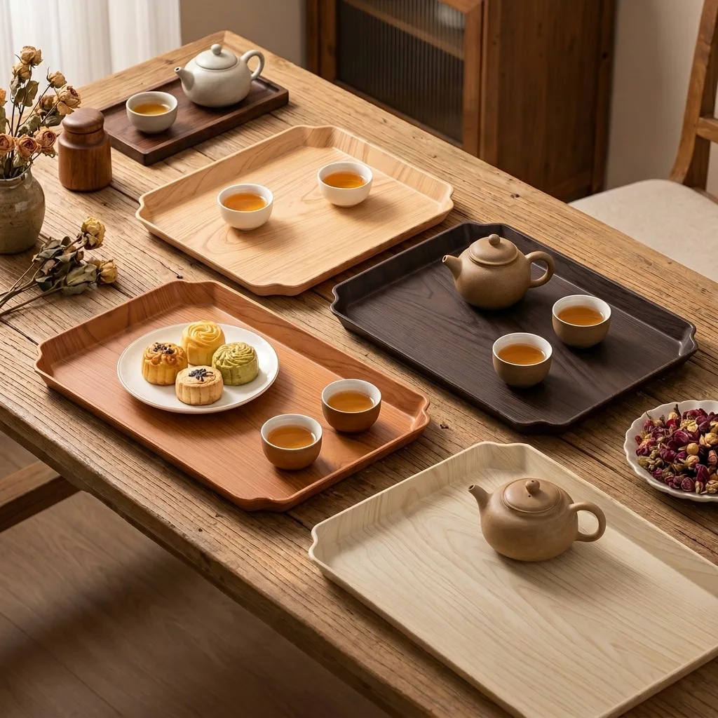 Faux Wood Grain Serving Tray Spill-Proof Melamine Food Tray Stackable Tea Tray Coffee Table Ottoman Serving Dishes Tableware