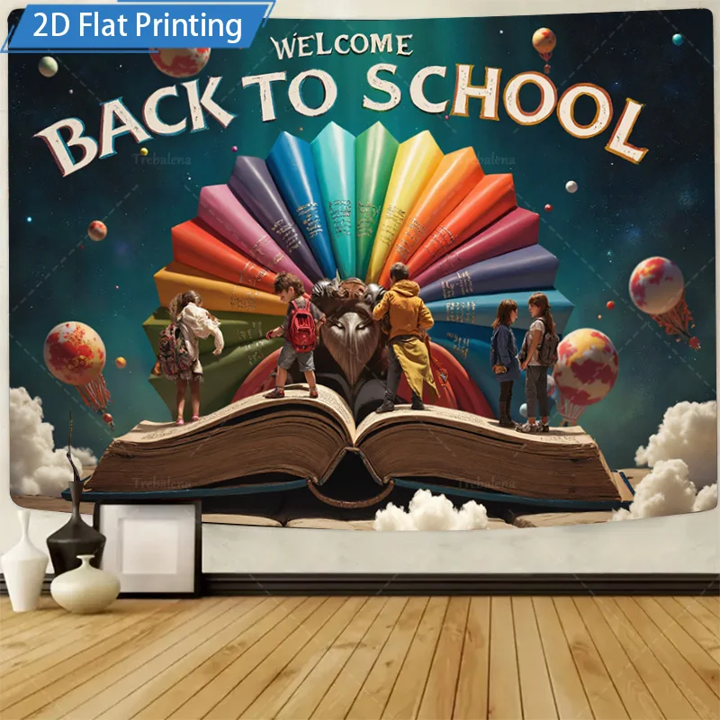 قطعة واحدة من نسيج الحائط للعودة إلى المدرسة، نسيج مطبوع ثنائي الأبعاد مع مشهد الكتب العملاقة وكتب قوس قزح #1