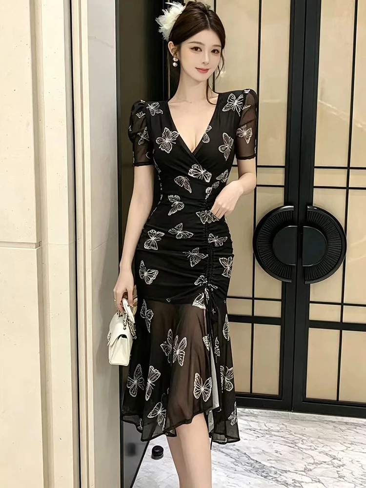 2026 Black Mesh Print Short Sleeve V-Neck Dress Women Elegant Bandage Pleated Bodycon Dress Summer Korean Vintage Luxury Dresses
