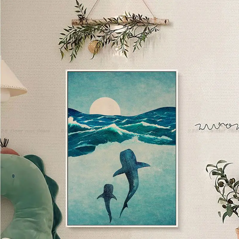 Blue Watercolor Whale Shark Marine Animals Vintage Posters Kraft Paper Sticker DIY Room Bar Cafe Nordic Home Decor