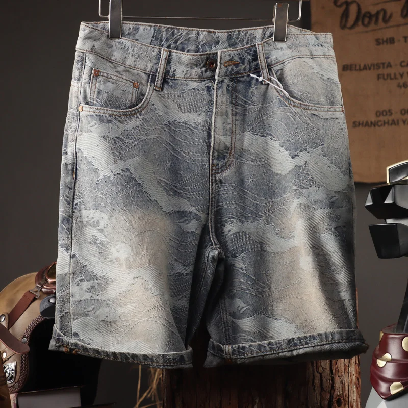 

2025 American retro jacquard denim shorts for men, cool and stylish in summer, thin and high-end comfortable cropped pants