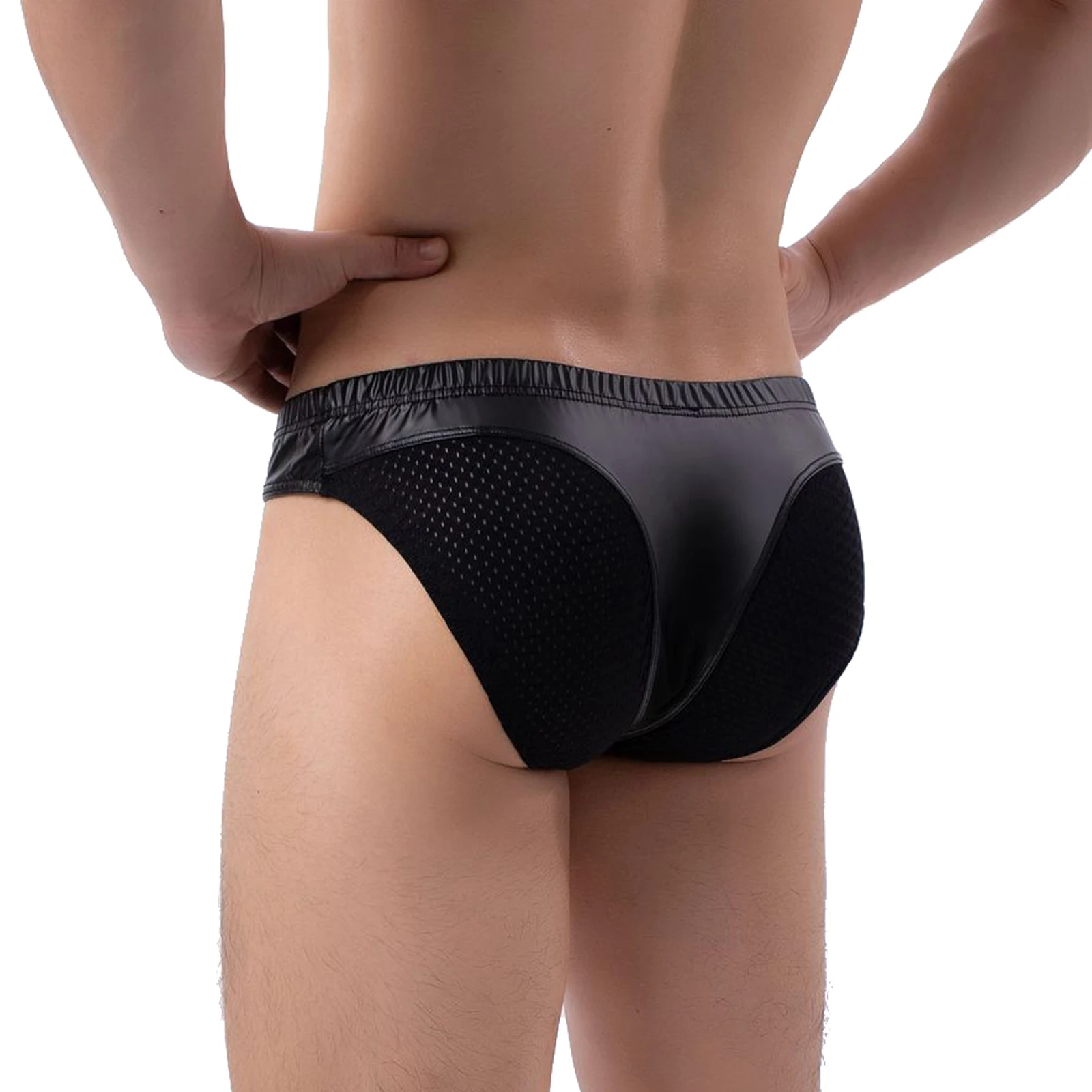 CLEVER-MENMODE Mesh Butt Pu Leather Briefs Sexy Underwear Men Penis Pouch Panties Slips Lingerie Bikini hombre Underpants