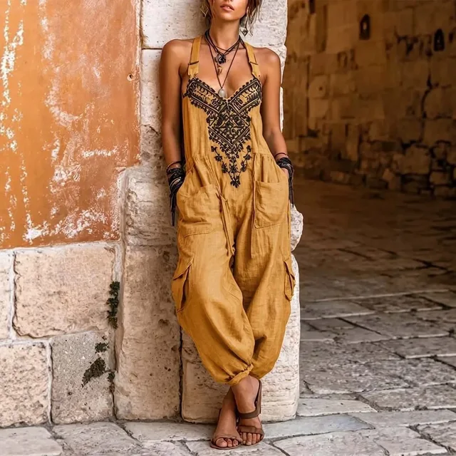 Mono de Mujer Estampado Estilo Boho, Sin Mangas, con Cintura Ajustable por Cordón, Múltiples Bolsillos, Estilo Cargo, Holgado, Casual de Verano