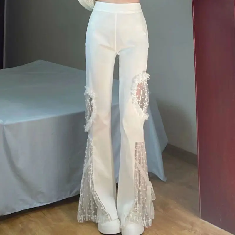 High Waisted Flared Casual Pants Women Spring Summer New Lace Hollow Out Design Wide Leg Pants