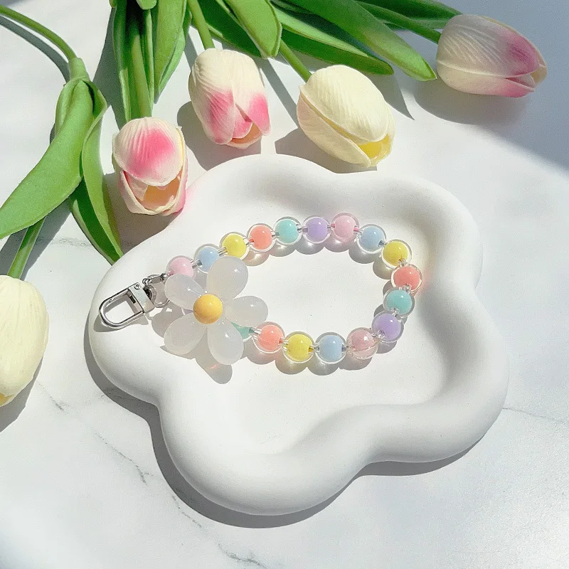 

Flower phone chain bead pendant macaron colored beads creative keychain phone case hanging chain