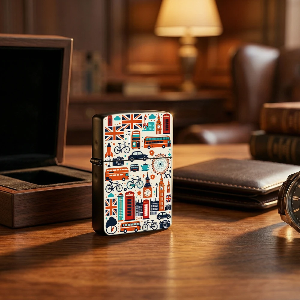 Retro lighters vintage Flip Top Lighter, London City Landmark Union Jack Double Decker Bus Graphic Pattern lighters for smokers