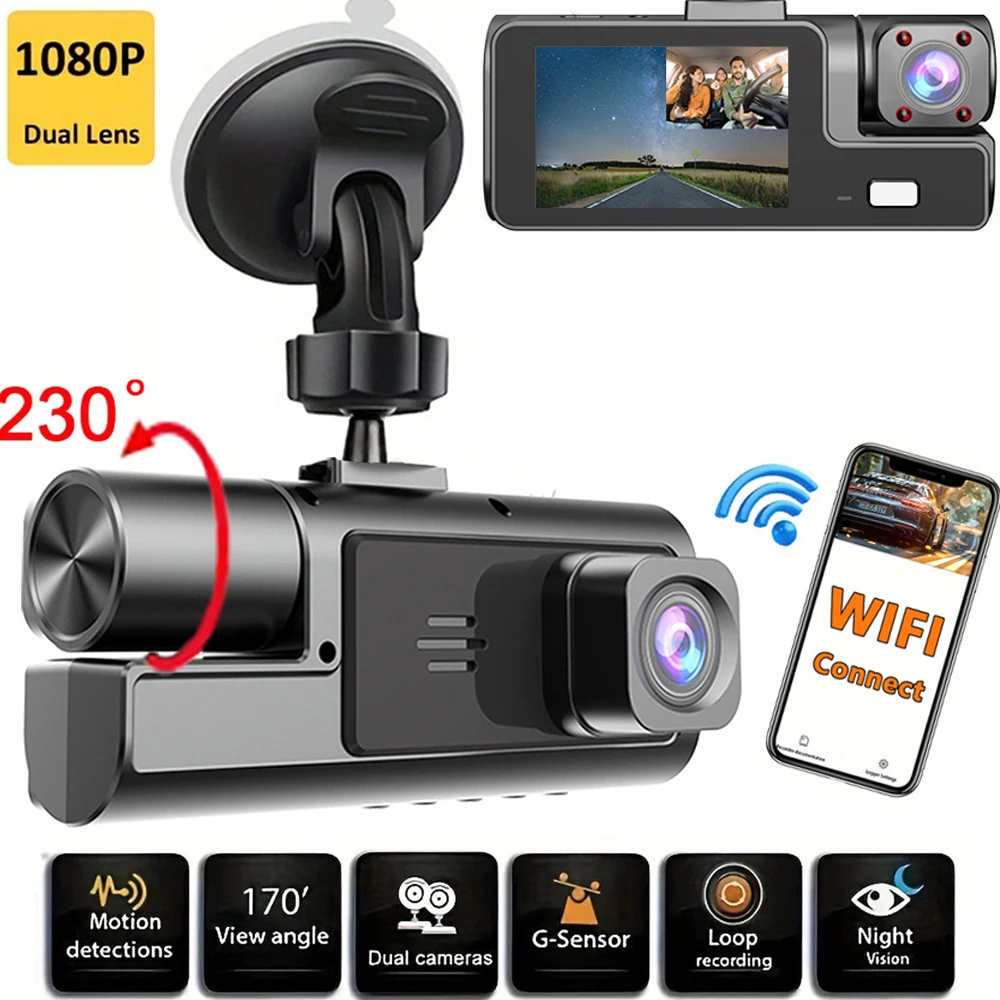 1080P WIFI كاميرا مزدوجة داش كام للسيارات ث الأشعة تحت الحمراء للرؤية الليلية حلقة تسجيل الأمامي والداخل مركبة مسجل DVR مسجل فيديو