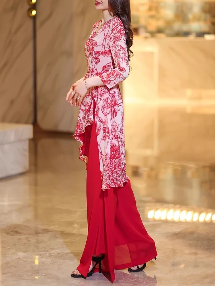 Elegant Women Summer Chiffon Two Piece Set Casual Wide Leg Pants Youthful Age Reducing High End Feel Outfit