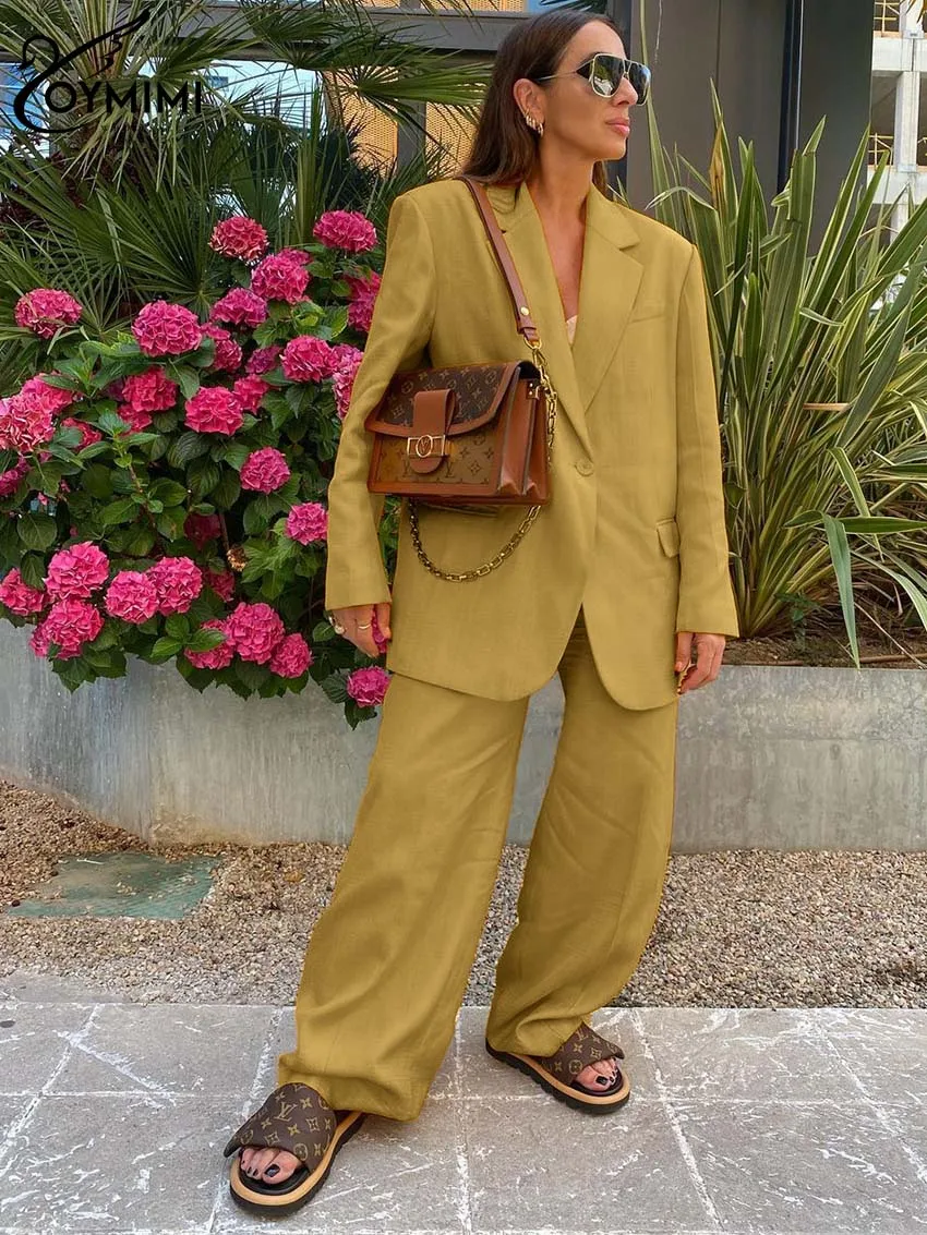 Oymimi-Conjunto de 2 piezas de oficina para mujer, traje elegante de solapa, manga larga, bolsillos con un solo botón, camisa y pantalones lisos,