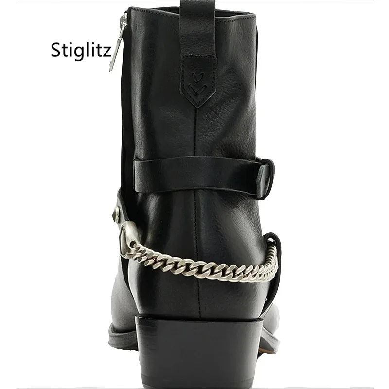 Metal Chain Buckle Strap Ankle Boots for Men Black Pointed Toe Zip Leather Men\'s Boots Stylish Med Heels Chelsea Boots Male Shoe