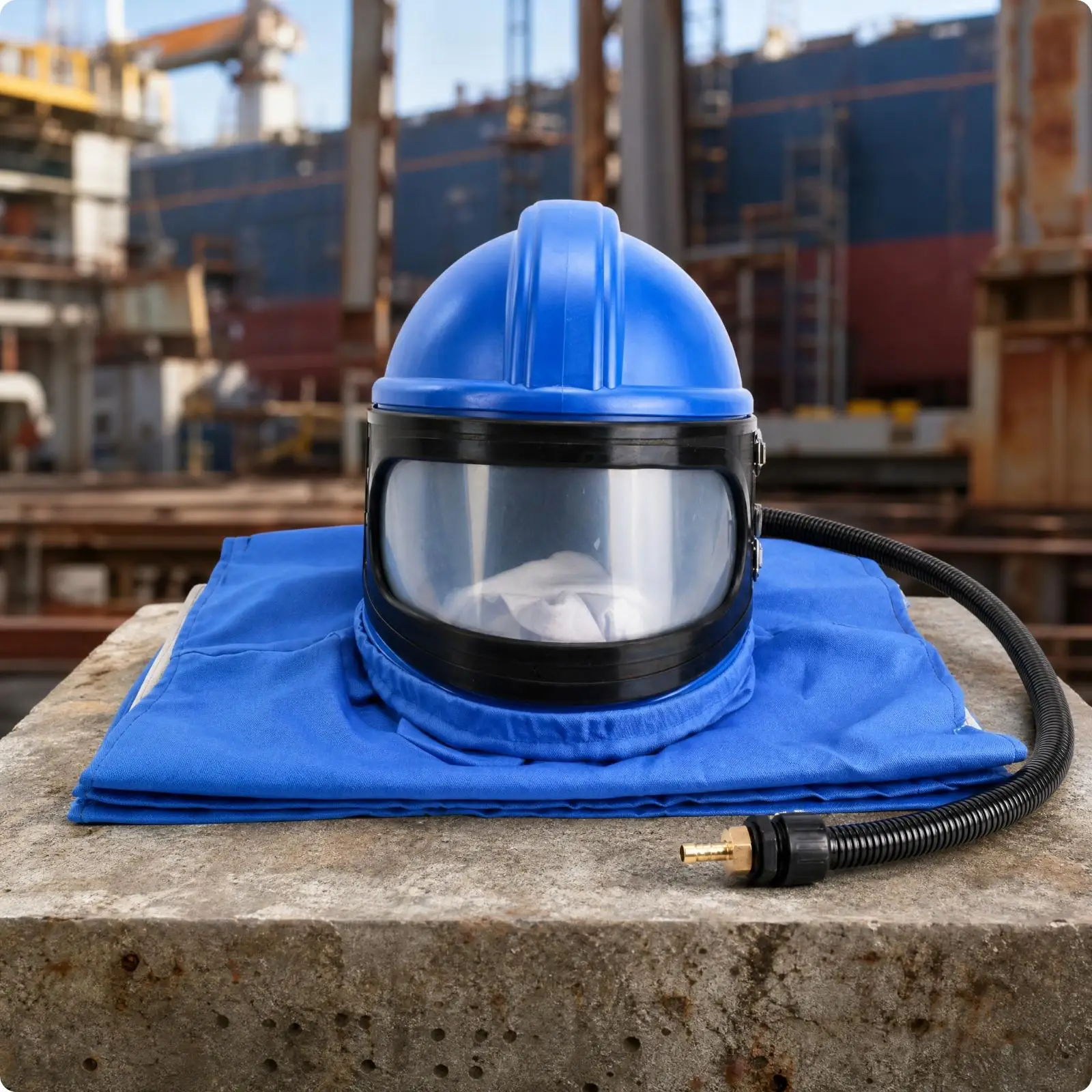 Workshop Sandblast Hood Protective Helmet with Air Line Supply Double Layer PVC Visor and Cloth Neck Skirt for Blasting