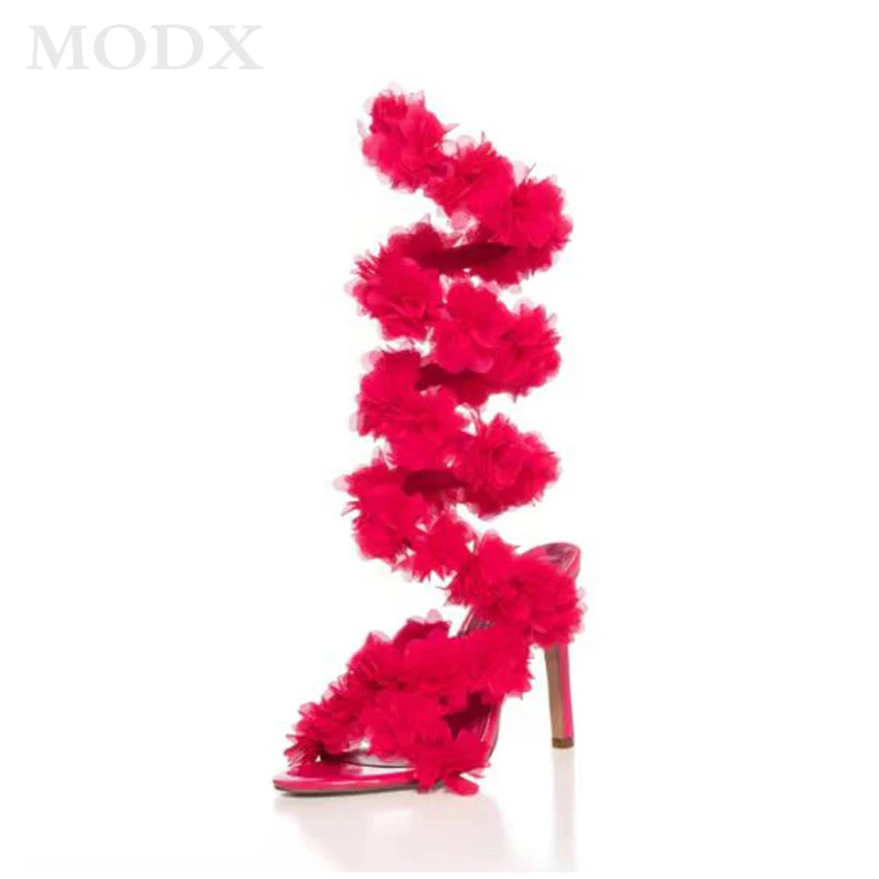 

Round Toe Thin Heel Ankle Strap Women Sexy Sandals Solid Color Flowers Snake Winding Super High Heel Dress Sandals Summer 2023
