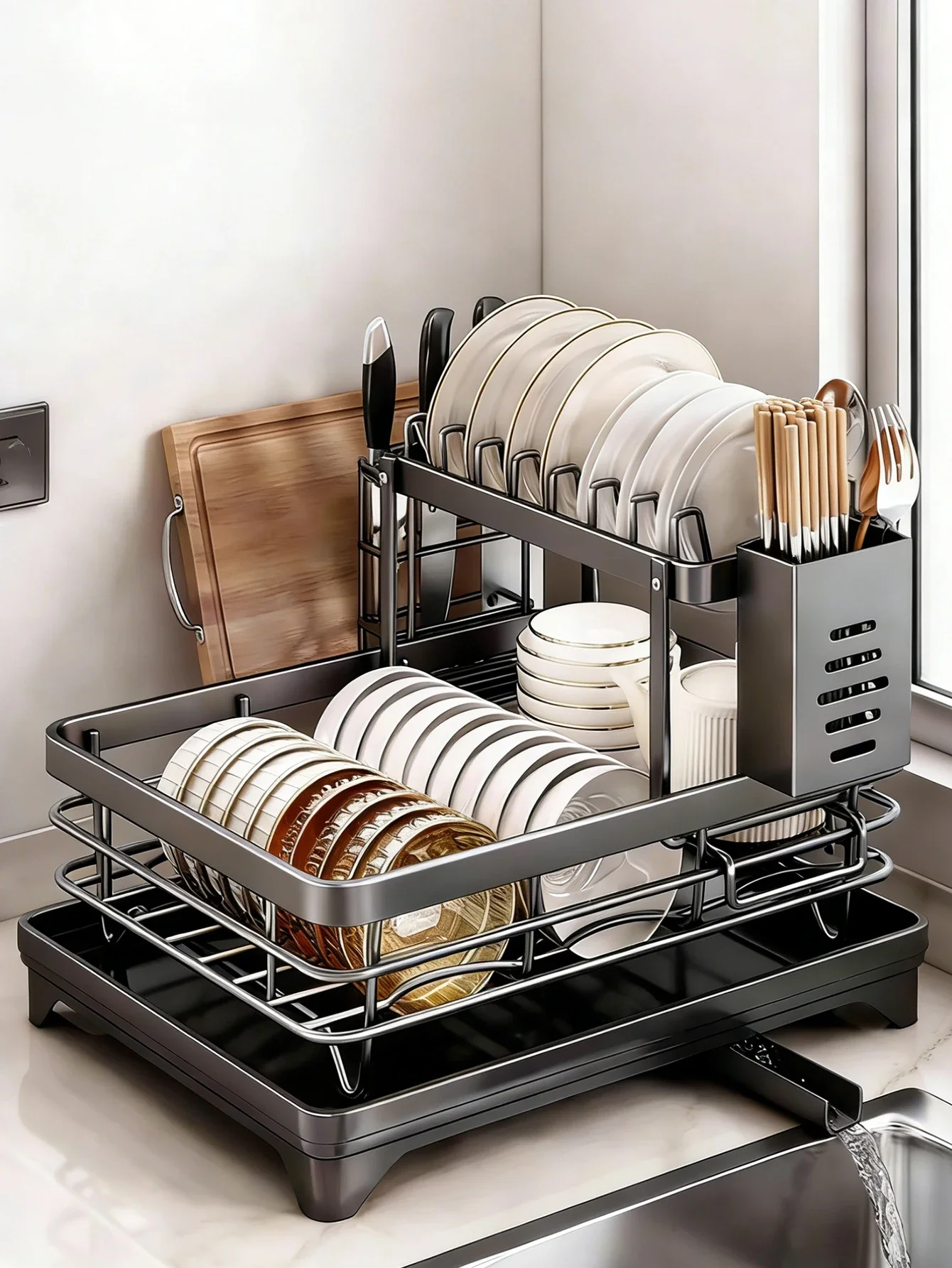 2-Tier Large Kitchen Countertop Drying Rack, Black | Removable Large Capacity Dish Drainer with Automatic Drainage, TH
