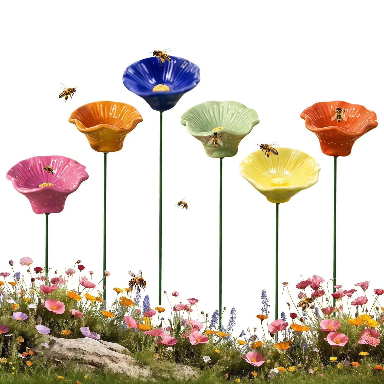 6 Pieces Bee Watering Station Flower Pollinator Drinking Rain Catcher Bird Bath for Gardeners Homeowners Patio Lawn Backyard