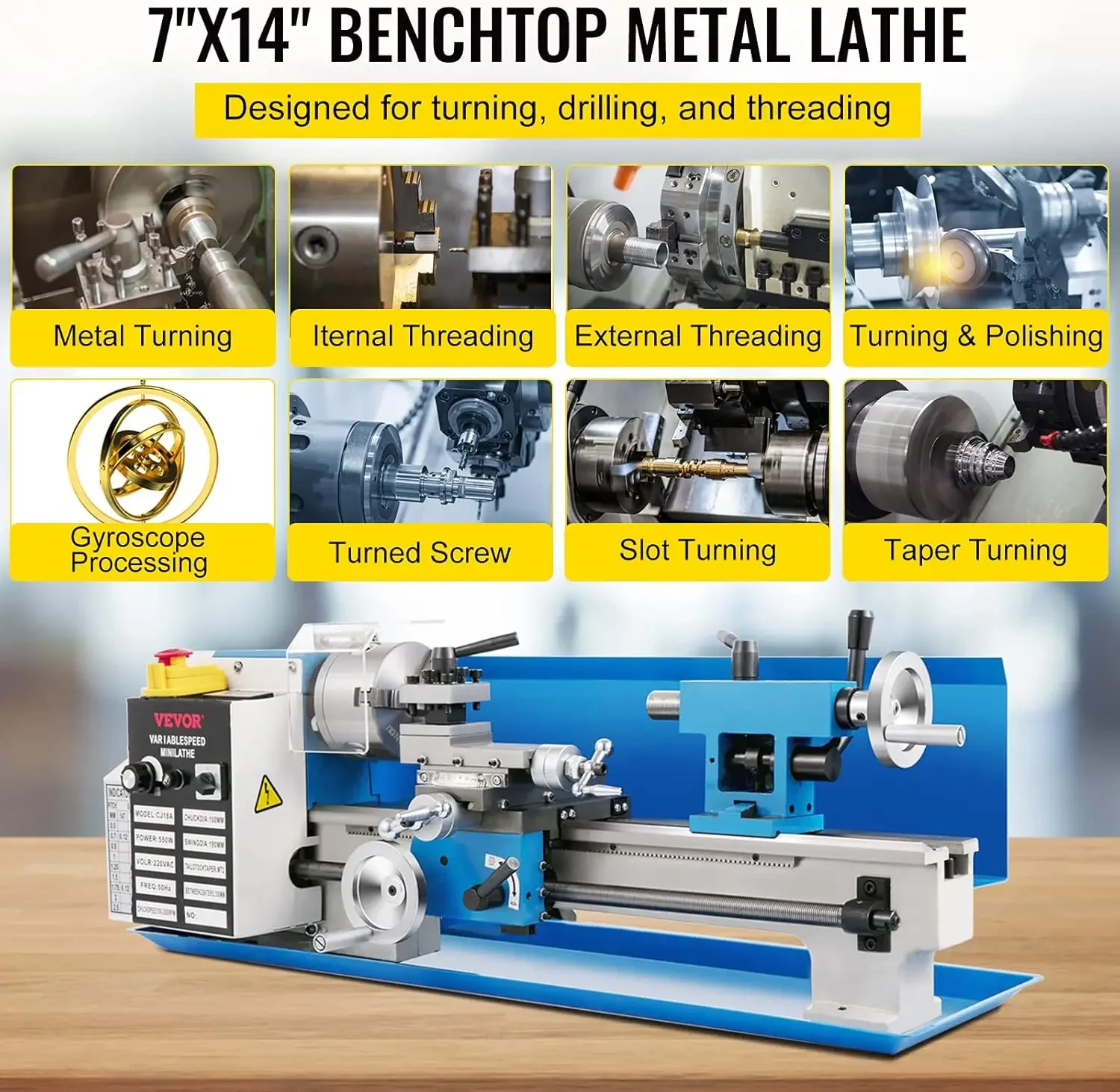 Mini Metal Lathe Benchtop Metal Lathe 550W Variable Speed 2250RPM Metal Lathe with 3 jaw Chuck CNC Mini Machine