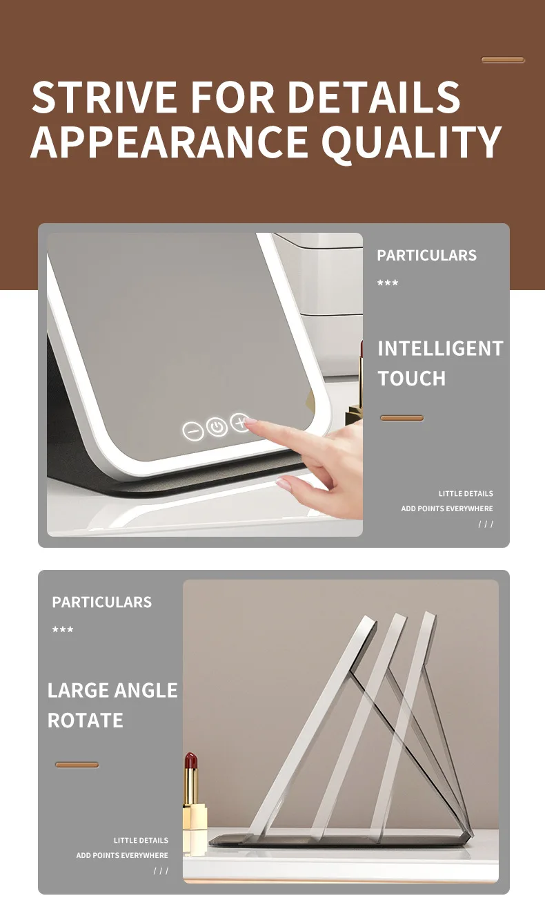 Portátil led espelho de maquiagem recarregável 3 cores luz toque escurecimento dobrável viagem caso couro vaidade cosméticos desktop iluminado