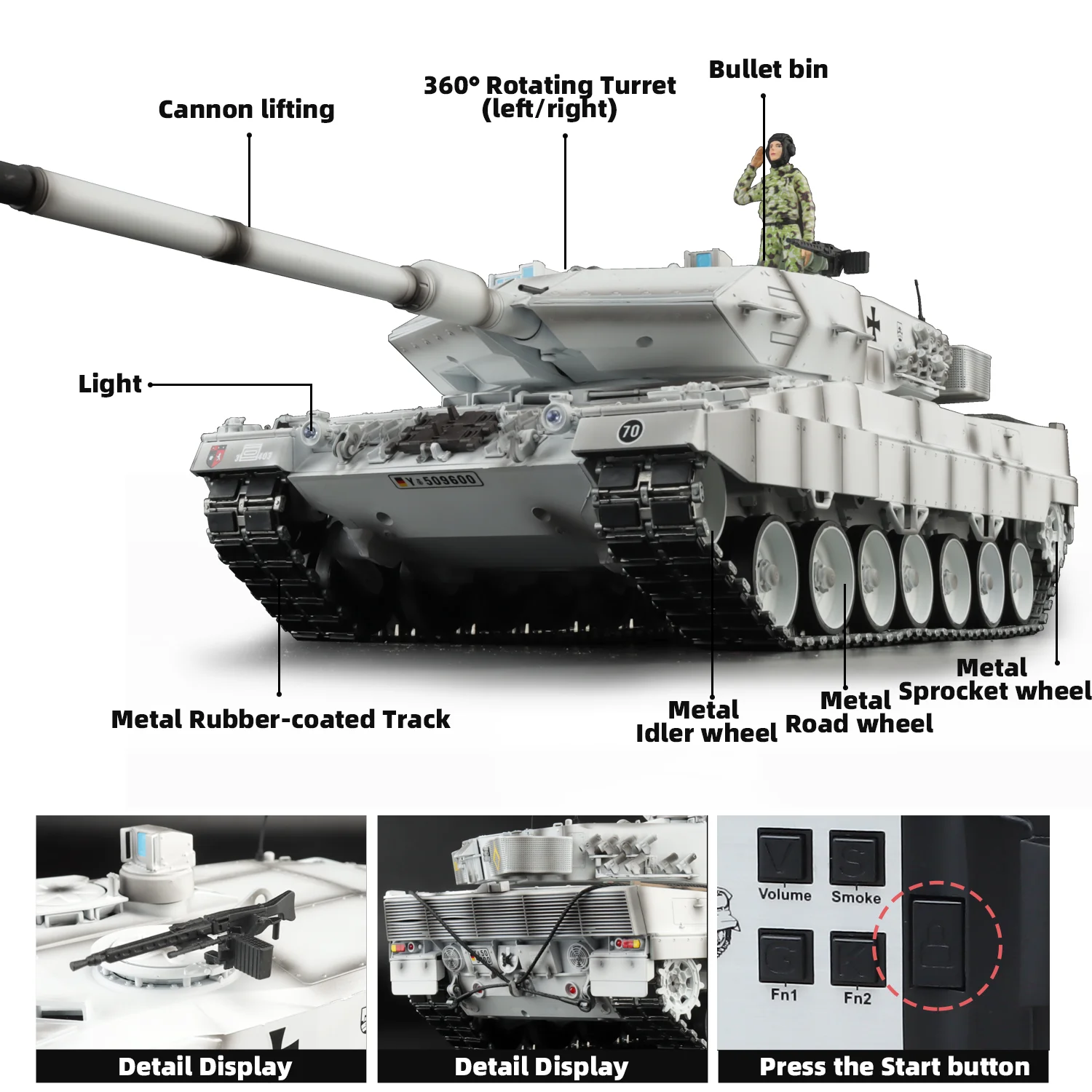 Heng Long rcドイツLeopard2a6タンクモデル、スプレー塗装バージョン、金属ゴムコーティングトラック、ロードホイール、スプロケットホイール、1:16