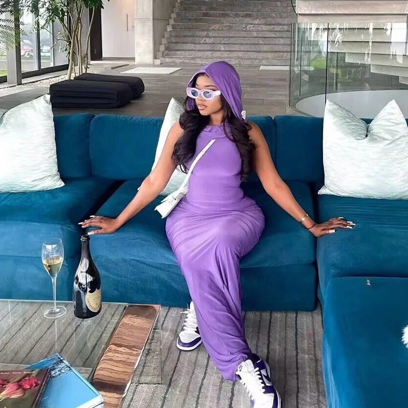 Summer Women's Pure Color Hoodie Svel Bodycon Dr Split Bal Knitted Polyester Thiened mid Waist Gown