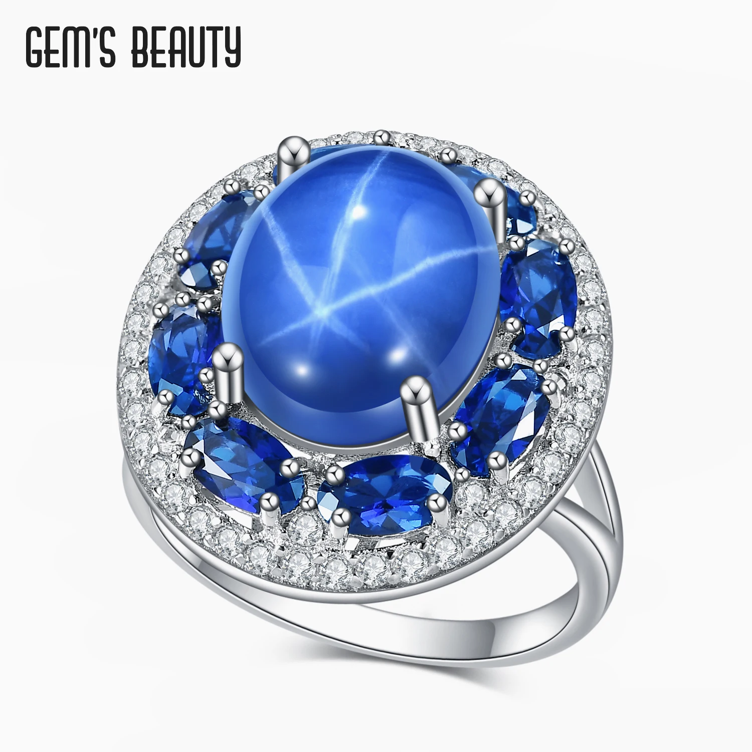 

Gem's Beauty 10X12mm Lab Star Sapphire 3X5mm Sapphire Rings 925 Sterling Silver Modern Luxury Style For Women Fine Jewelry