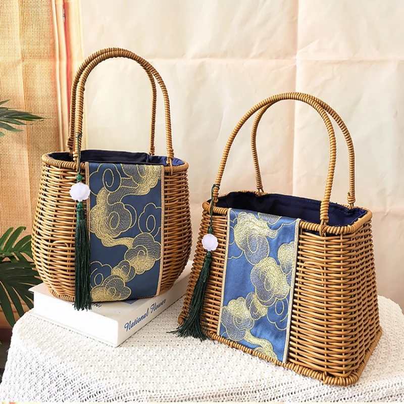 

Chinese Retro Handmade Woven Tote Basket Artistic and Creative Shopping Storage Gift Giving Embroidery Decorative Handbag