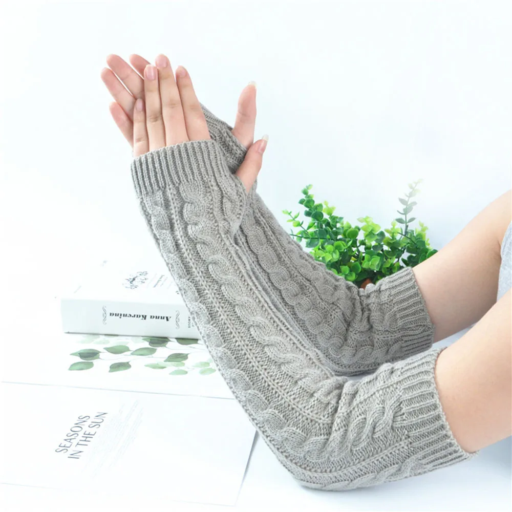 Winter Twist Knitting Woolen Arm Sleeve For Women Thicken Warm Long Fingerless Gloves Solid Color Long Sleeve Half-finger Glove