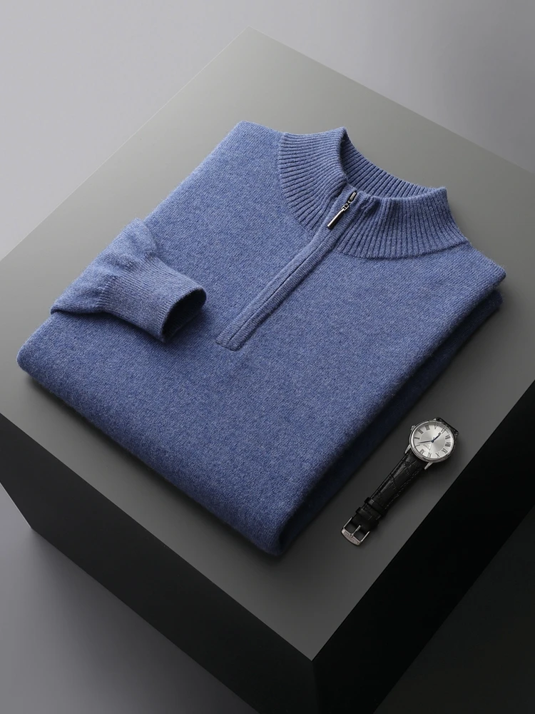 High Quality Men's Autumn Winter 100% Cashmere Sweater Mock Neck Zipper Pullover Thick Long Sleeves Casual Cashmere Knitting Top