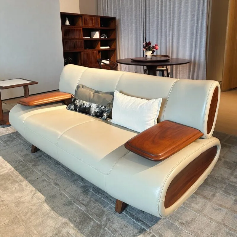New Chinese-style North American black walnut sofa, solid wood high-end customized living room leather straight row single