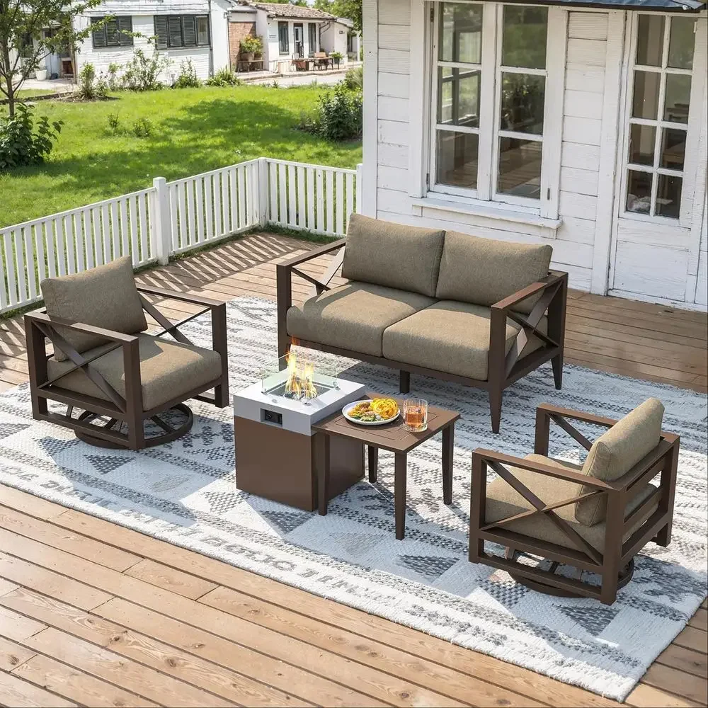 

Patio urniture Set with ire Pit Table, 6-Piece All-Weather Outdoor Contion Set with Swivel Rocking Chairs, Oversized ern Soa or