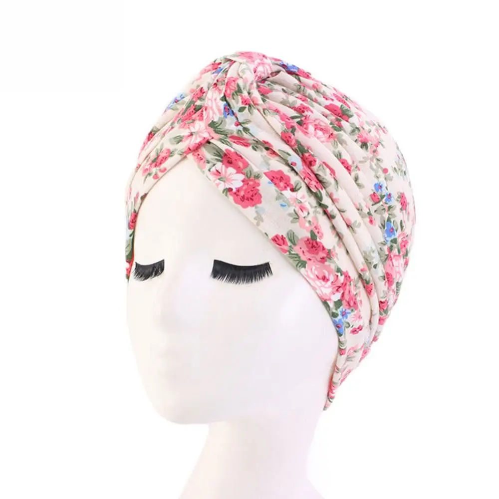 

Fashion Soft Pastoral Style Ruffled Turban Hat Cotton Headwrap Chemo Cap Floral Print Pleated Turban Women