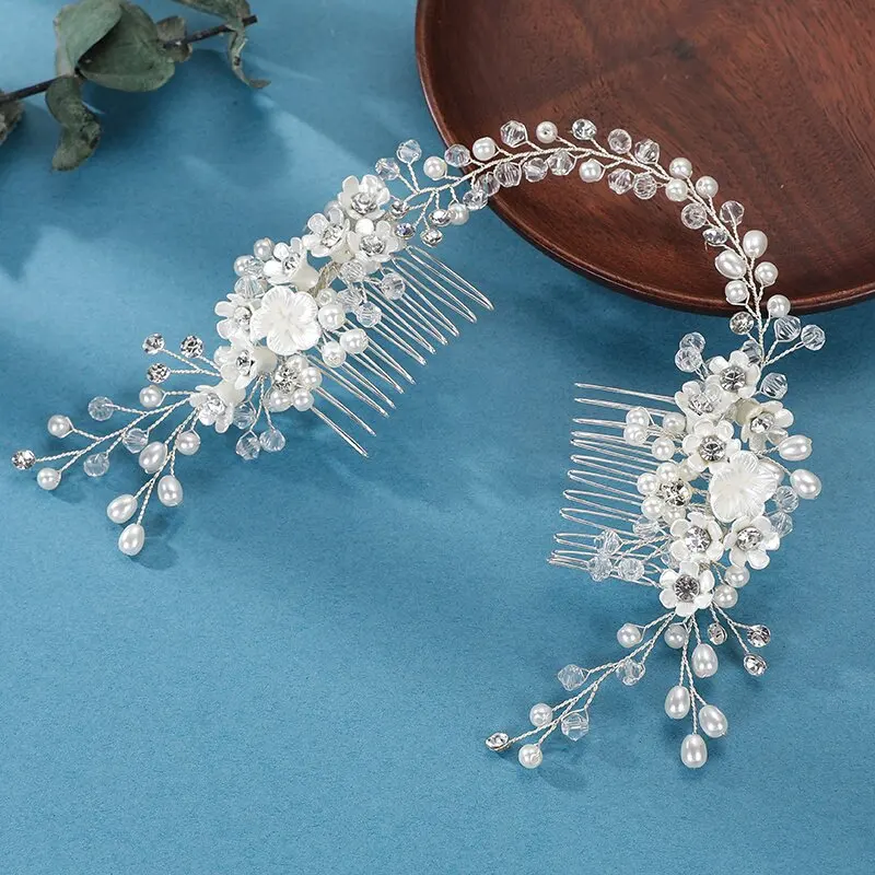 

Wedding Bride Hairband With Side Comb Fashion Pearl Flower Tiaras Exquisite Crystal Alloy Adjustable Tiaras Marrige Hair Jewelry