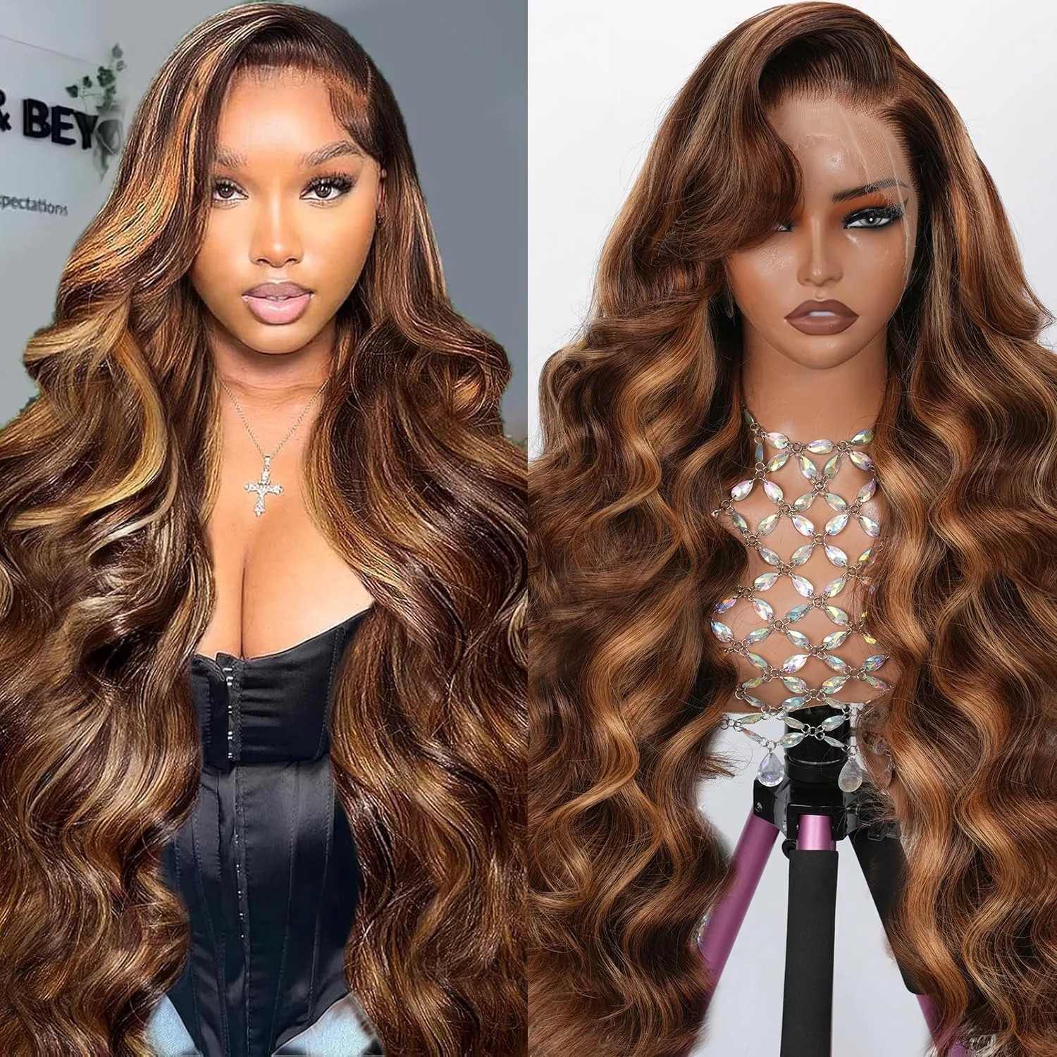 P427 Highlight Human Hair Wig 13x4 Body Wave Lace Front Wigs 30 40 Inch 13x6 HD Lace Frontal Human Hair Wigs 200% Density image 5
