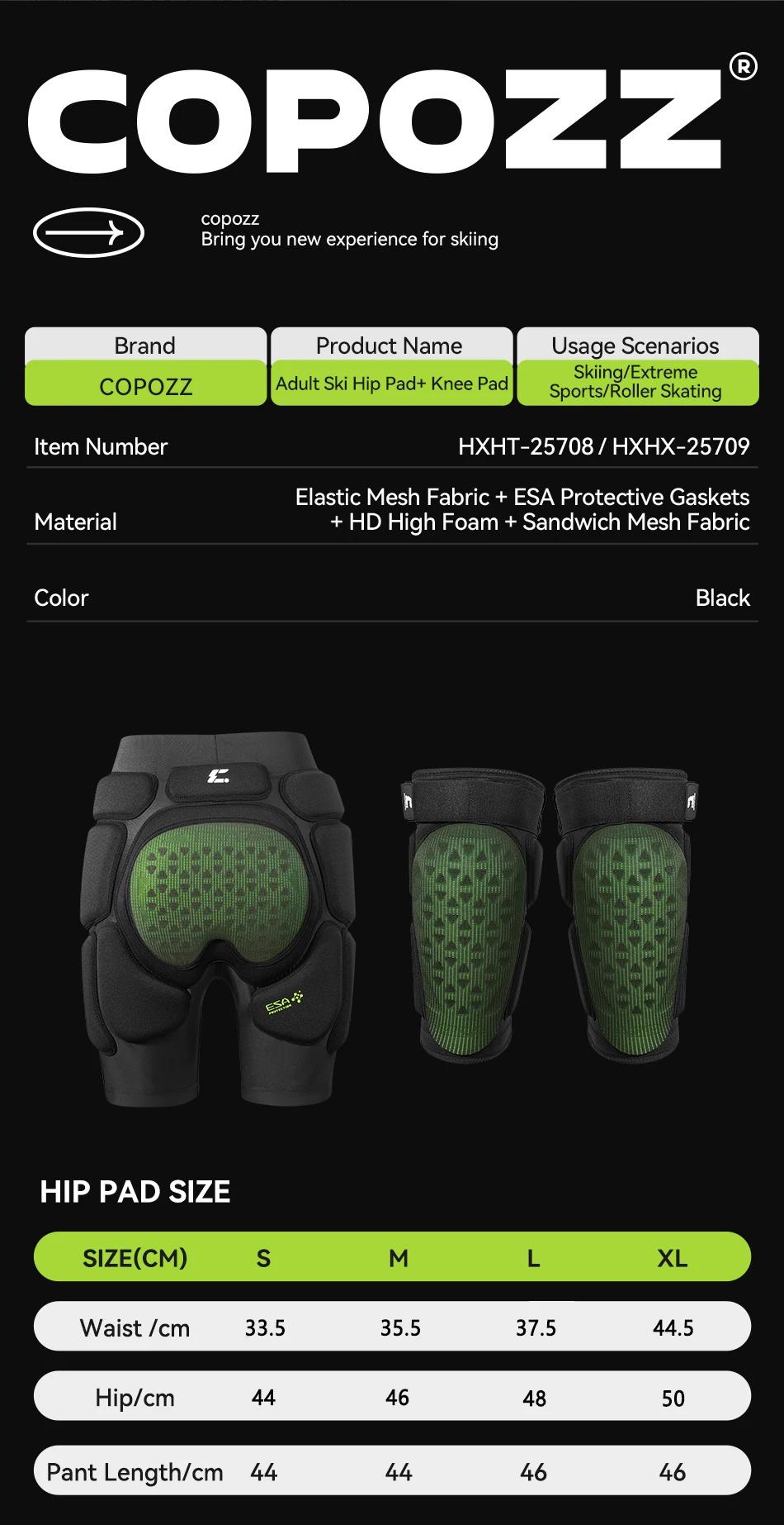 COPOZZ Sport-Schutzset für Skateboard Erwachsene ESA Schaumstoff Verdickte Stoßfeste Fahrrad Damen Herren Ski Knie- und Hüftprotektoren – Detail 1