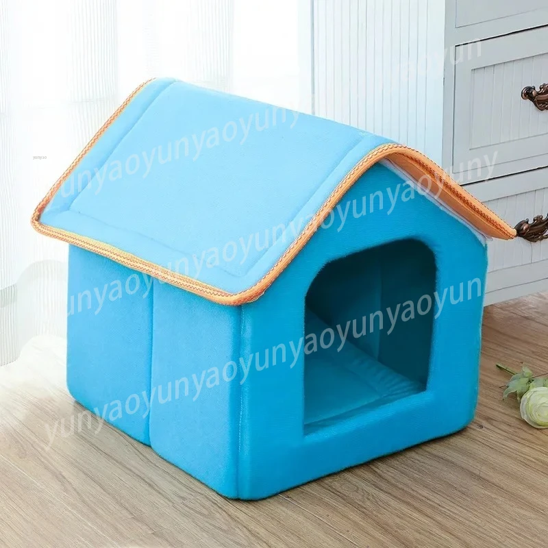 Winter Pet House Foldable Bed with Mat Soft Leopard Dog Puppy Sofa Cushion House Kennel Nest Dog Cat Bed for Small Medium Dogs
