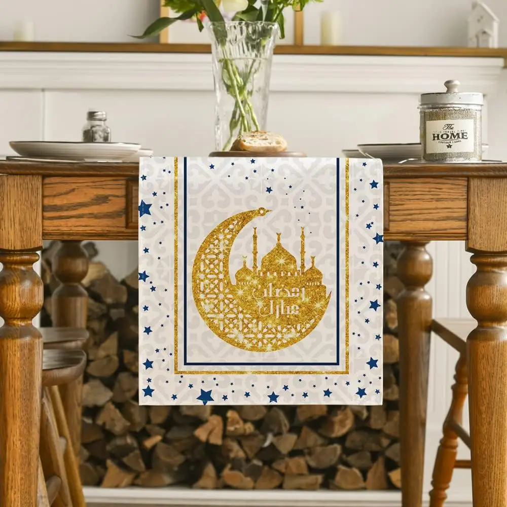 Ramadan White Moon Star Golden Linen Table Runner Holiday Party Decor Seasonal Spring Kitchen Dining Table Runners Table Decor