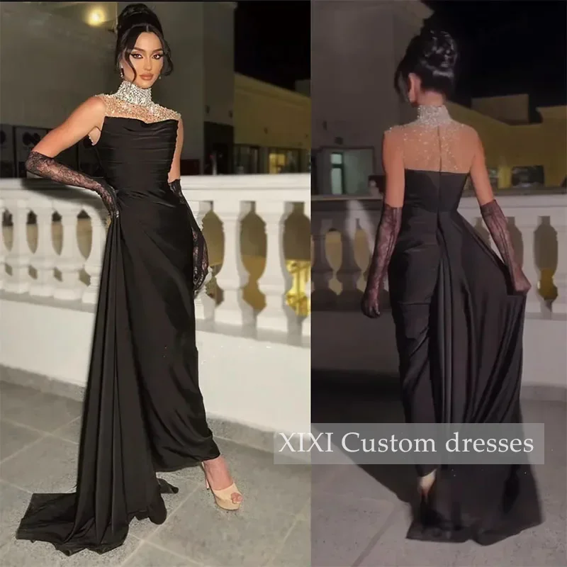 XIXI فساتين سهرة A Linha Strapless Andar de comprimento Ruffle mangas Zipper Up Forro Vestidos Formais Vestido de Festa de Casamento