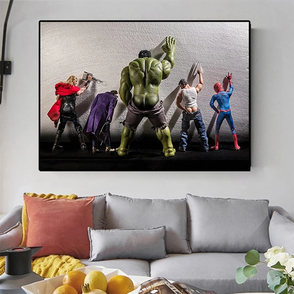 Pintura en lienzo de superhéroe divertido para decoración de pared de baño, póster de Spiderman, Hulk, Thor en el inodoro, imagen de decoración de