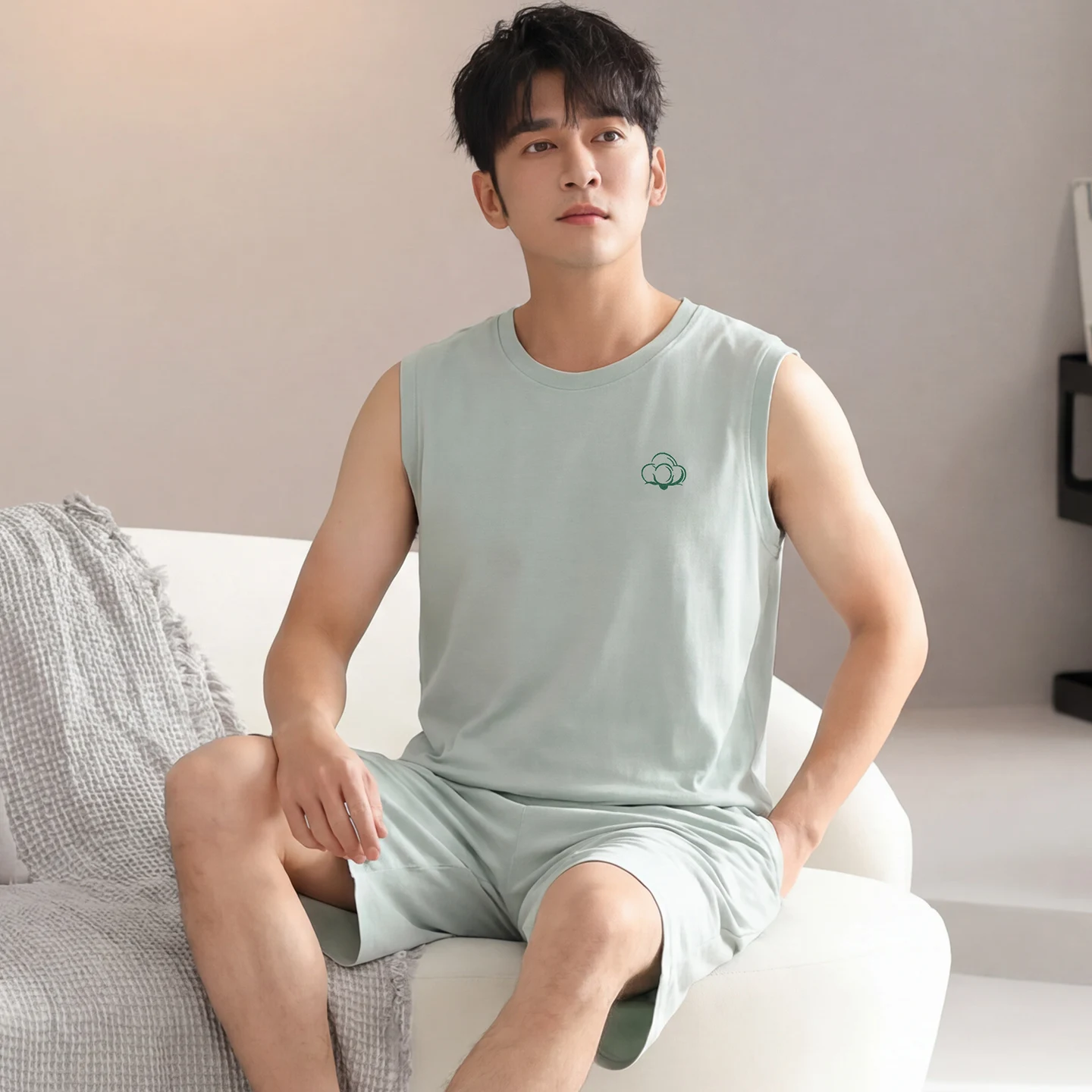 Conjunto de Pijama de Verano para Hombre, 100% Algodón, Cuello Redondo, Ropa de Dormir Suave, Ropa de Casa, Pijama Sólido