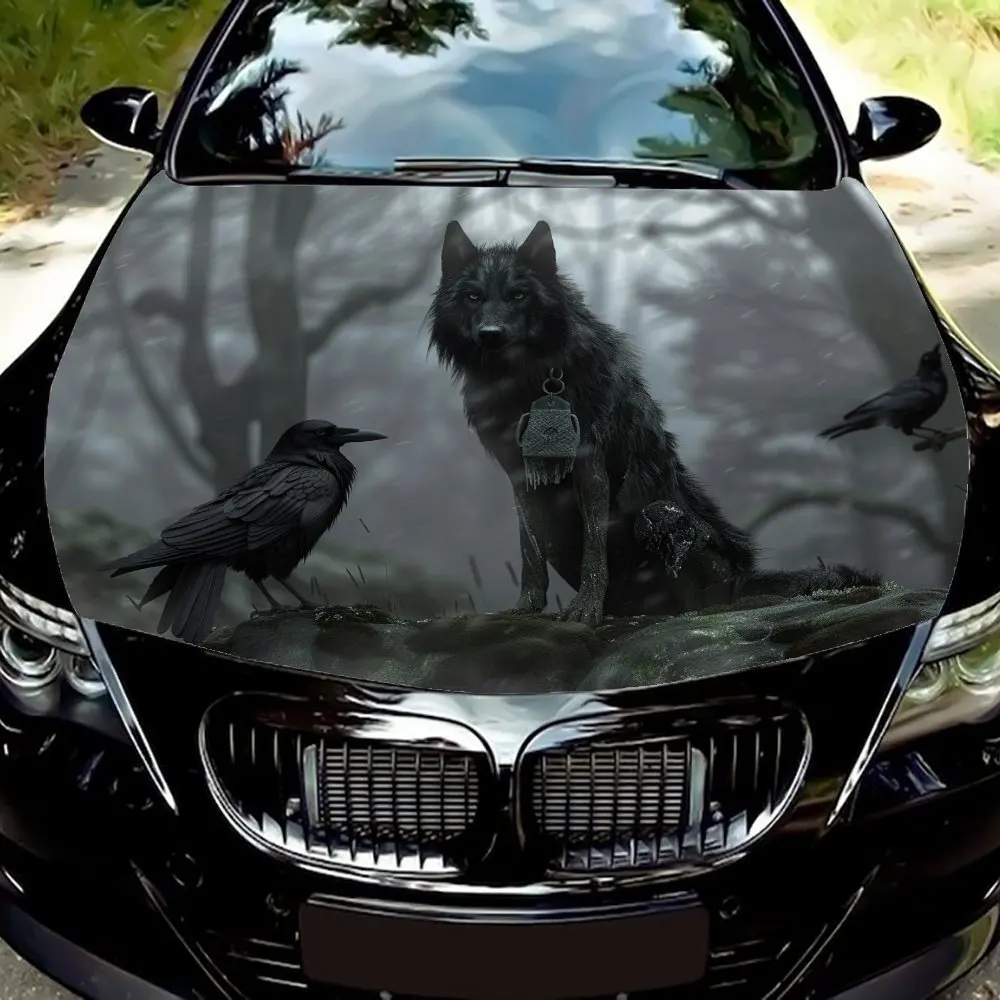 

Black Wolf And Black Crow Car Hood Decal Sticker - Splash-Resistant PVC Vinyl Wrap, Easy Removal No Residue, Fit For Most Vehicl