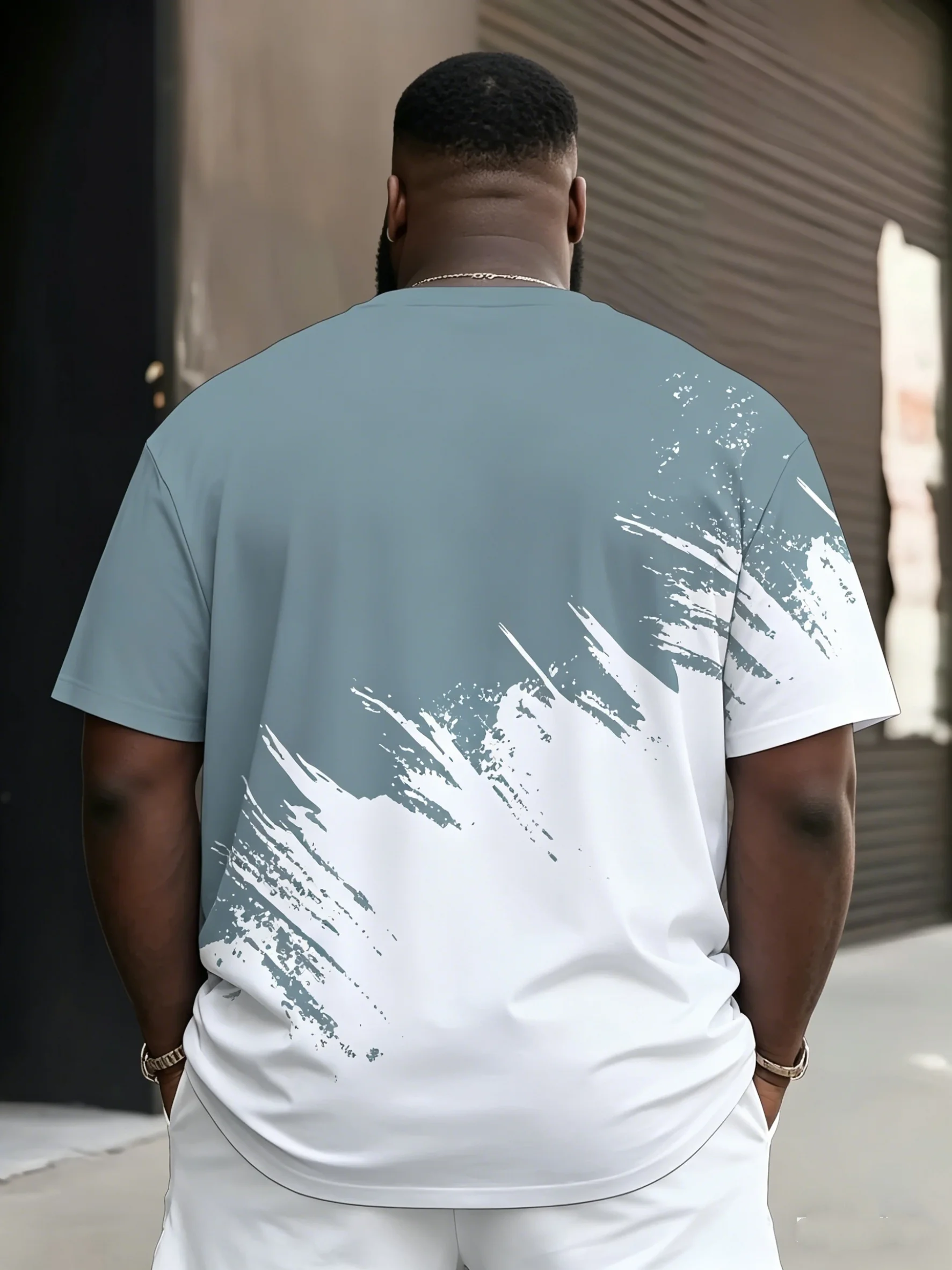 Men Plus Size Short Sleeve T‑Shirt Splash Ink Gradient Splice Crew Neck Street Casual Tops