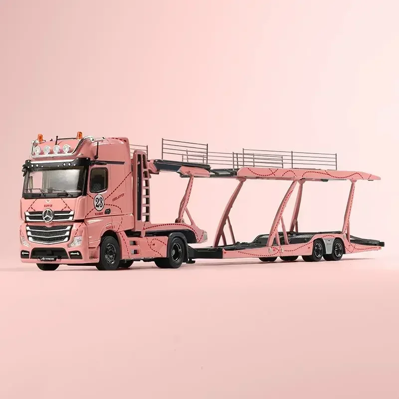 SHADOW PRO 1:64 Mercedes-Benz Rimorchio per camion pesanti Staffa a doppio strato Semi-rimorchio Modello di auto in lega verniciata di maiale rosa