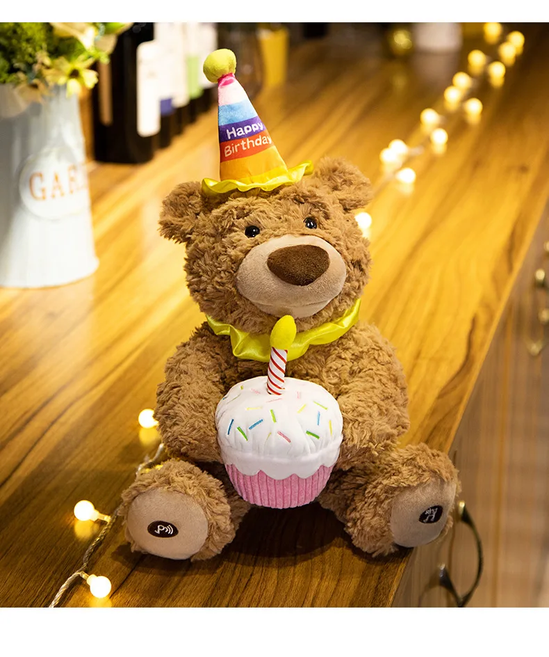 

37cm Cute Bear Electric Plush Doll Birthday Hat Teddy Bear Sing Interactive Game Home Decor Kid Gift Baby Early Education Toys