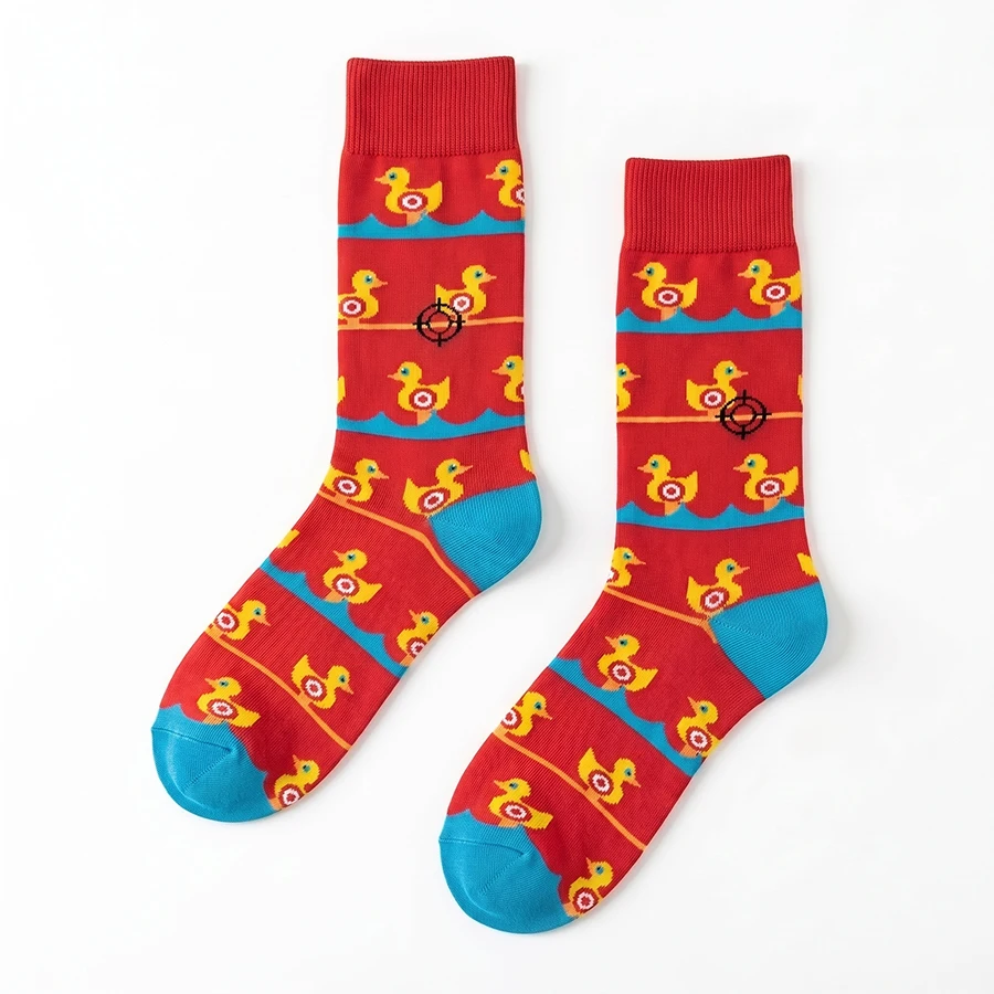 1 Pair of Unisex Socks with Red Bottoms, Yellow Ducks, and Blue Wave Patterns, Featuring Pure Red Ribbed Cuffs and Blue Toe Tips, Breathable, Fun, Mid-Calf Socks Suitable for Everyday Wear