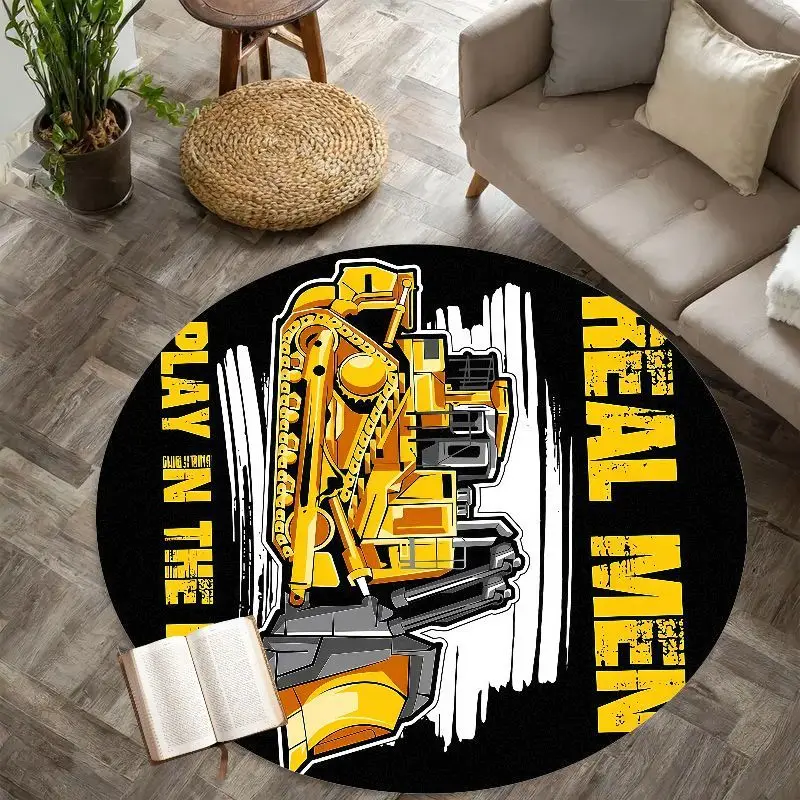2D Excavator construction rug flannel round mat kids boy room toy truck builder theme playroom educational fun non slip safe