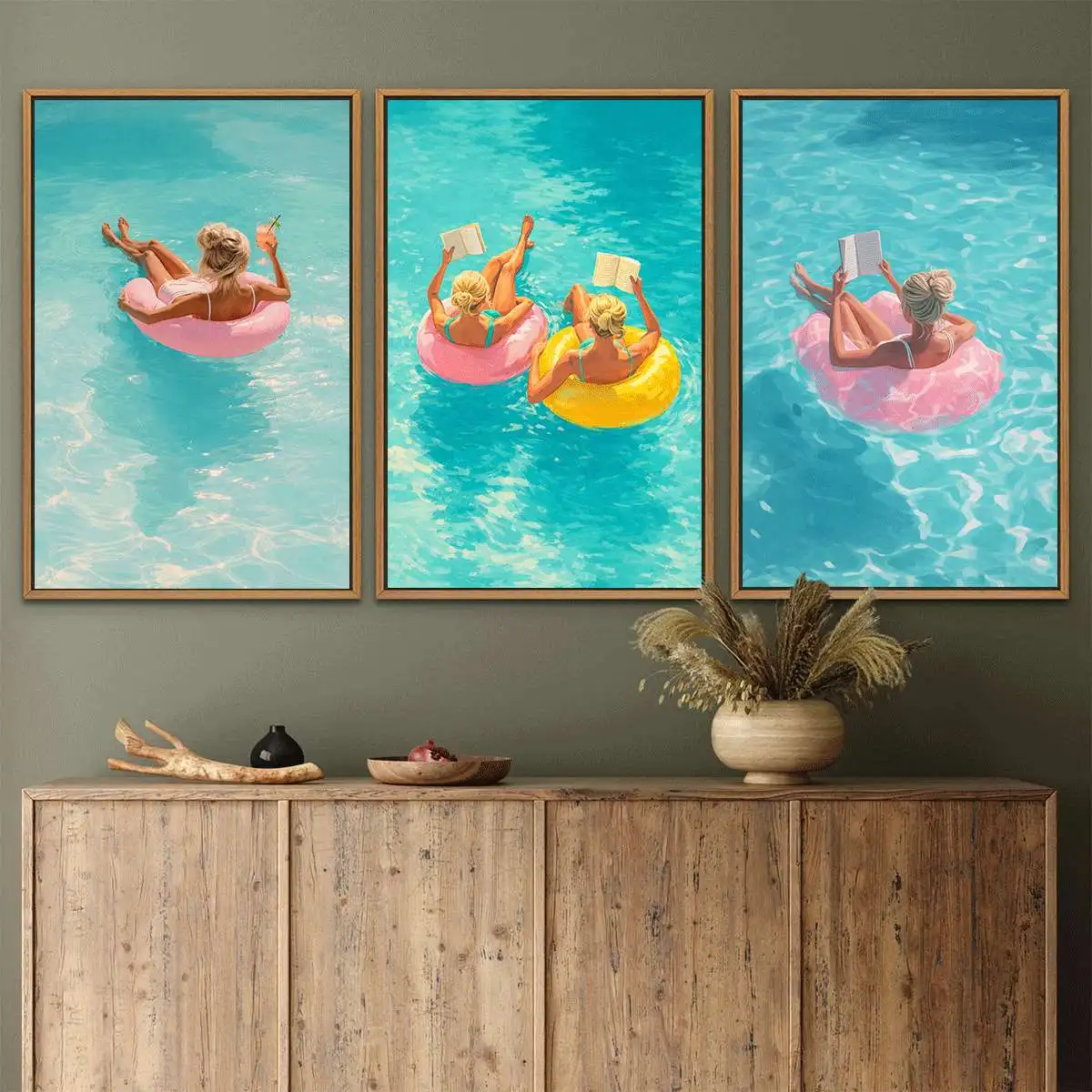3PCS Summer Pool Vacation Girl Canvas Print, Women Floating Swim Ring Reading Wall Decor