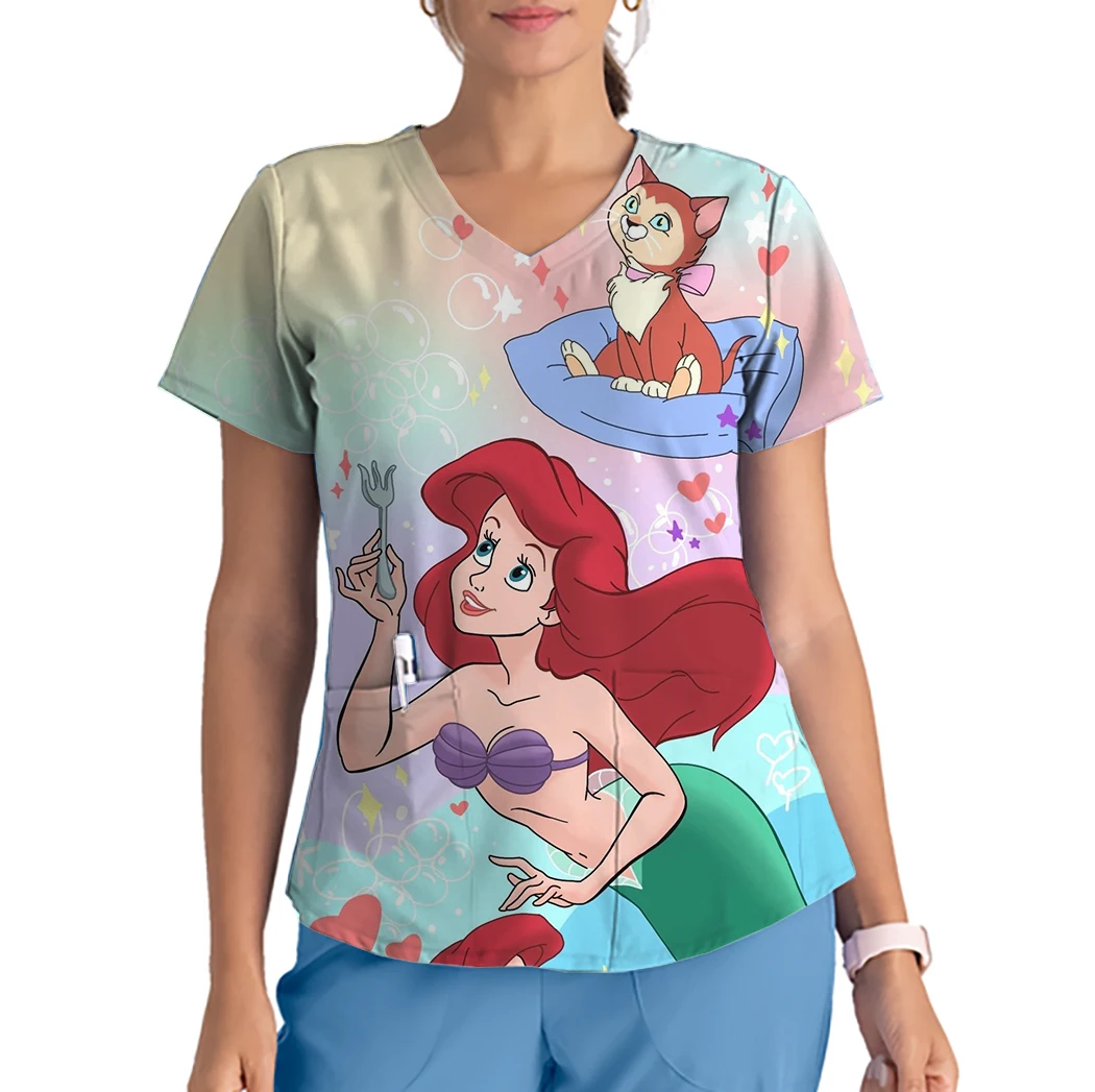 Disney Prinzessin drucken Arbeiter Uniform Damen Schönheits salon Kleidung Pflege Peeling Top Shirt Krankens ch wester Pflege Arbeit Uniform T-Shirt